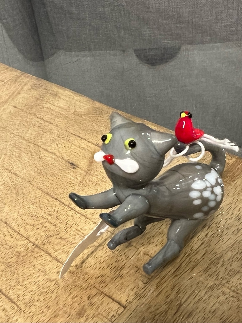 the Pier 1 "Unlikely Friends" Gray Cat and Red Cardinal Glass Figurine
